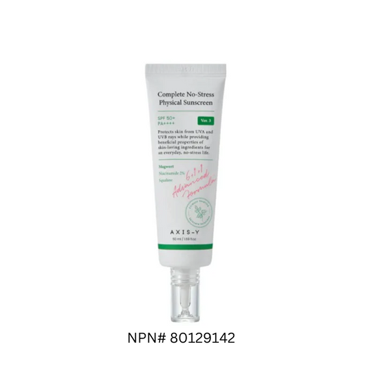AXIS-Y Complete No-Stress Physical Sunscreen is a gentle, non-irritating sunscreen designed for sensitive skin. Formulated with Zinc Oxide, it provides broad-spectrum SPF protection. This sunscreen contains soothing ingredients like Calendula, Chamomile, and Green Tea Extracts to calm the skin, while Niacinamide brightens the complexion. Hyaluronic Acid and Squalane offer hydration and barrier support, ensuring the skin stays moisturized. Ideal for everyday use, it protects against UV rays while nourishing