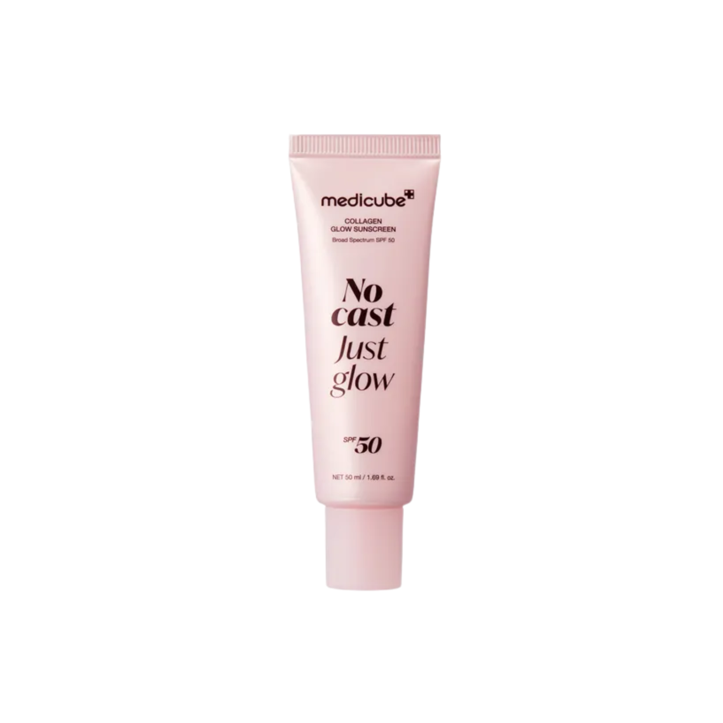 Pink tube of Medicube Collagen Glow Sunscreen SPF 50, labeled "No cast Just glow," 50ml.