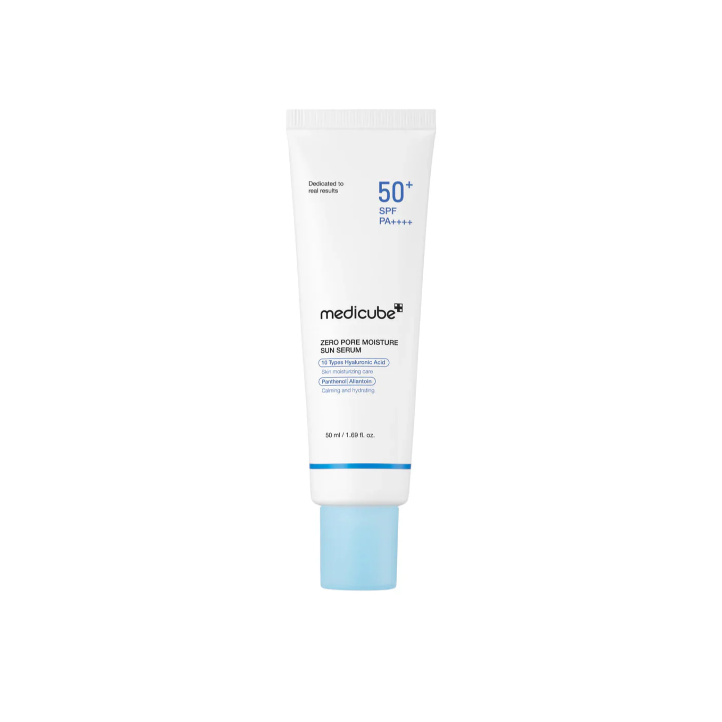 Medicube Zero Pore Moisture Sun Serum SPF50+ PA++++ tube, 50ml, white bottle with light blue cap.