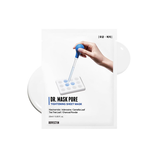 ROVECTIN Dr. Mask Pore Tightening Sheet Mask is expertly formulated to refine and tighten pores for a smoother complexion. Infused with natural extracts like Green Tea and Tea Tree, it offers powerful antioxidant and antibacterial benefits, helping to clear and soothe the skin. Niacinamide brightens and evens out skin tone, while Charcoal Powder effectively draws out impurities and excess oils. Ingredients like Betula Platyphylla Japonica Juice and Hyaluronic Acid hydrate and nourish, leaving the skin firm