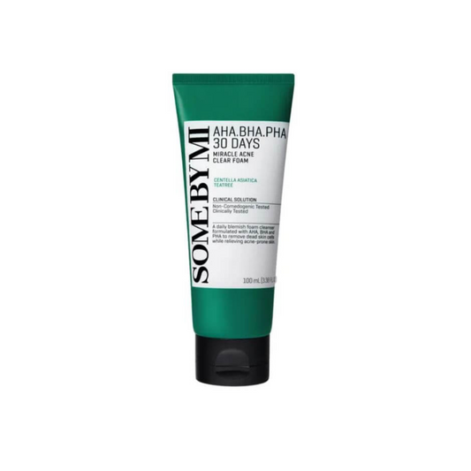 SOME BY MI AHA, BHA, PHA 30 Days Miracle Acne Clear Foam is a potent cleansing foam designed to combat acne and improve skin clarity. It combines the exfoliating powers of AHA, BHA, and PHA to gently remove dead skin cells, unclog pores, and smooth the skin's surface. Enriched with Tea Tree Leaf Water and Salicylic Acid, it targets acne-causing bacteria, reduces inflammation, and prevents future breakouts. Centella Asiatica Extracts and Madecassoside soothe and repair the skin barrier, making this cleanser