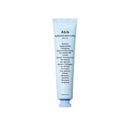 ABIB Hyaluronic Boom Crème Water Tube is a refreshing gel cream made to deeply hydrate dry, dehydrated, and sensitive skin without a heavy feel. Formulated with nano-sized Hyaluronic Acid, Sodium Hyaluronate, Glyceryl Glucoside, Acetyl Glucosamine, Ectoin, Panthenol, Ceramide NP, Allantoin, Trehalose, Tocopherol, and Soluble Collagen, it helps deliver fast moisture, improve hydration retention, and support a healthier-looking skin barrier. The lightweight texture absorbs quickly and leaves skin feeling cool
