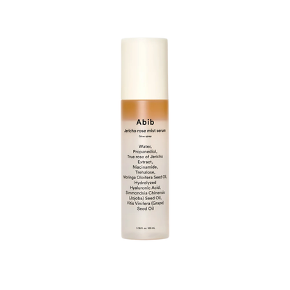 ABIB Jericho Rose Mist Serum Glow Spray is a lightweight mist that hydrates and refreshes the skin while enhancing natural radiance. Infused with Jericho Rose Extract, Niacinamide, and Hyaluronic Acid, it helps improve skin tone and maintain moisture for a smoother, glowing complexion. With added Bakuchiol, it helps support skin elasticity and refine texture, while nourishing oils, Ceramide NP, and Peptides help strengthen the skin barrier, leaving skin soft, dewy, and revitalized throughout the day.