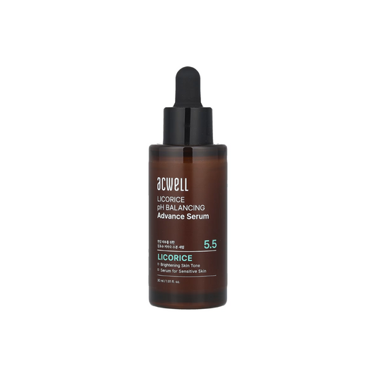 ACWELL Licorice pH Balancing Advance Serum is a brightening and soothing serum that helps restore skin balance and radiance. Formulated with 71% Licorice Root Water and additional Licorice Extract, it works to reduce dullness and even out skin tone. Enriched with Niacinamide, Glutathione, and Artichoke Leaf Extract, it targets dark spots, supports elasticity, and improves overall clarity. With Hyaluronic Acid, Oat Extract, and Beta-Glucan, this serum also hydrates and calms for a healthy, glowing complexion