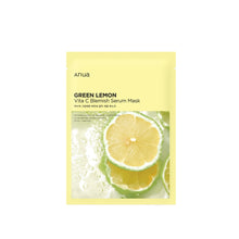 Load image into Gallery viewer, ANUA Green Lemon Vita C Blemish Serum Mask is formulated with Lemon Fruit Extract and Ascorbic Acid to brighten and revitalize your skin. It helps reduce the appearance of dark spots and blemishes while Niacinamide and Glutathione work to even out skin tone. Infused with Botanical Extracts like Turmeric and Avocado, this mask hydrates and nourishes the skin, leaving it refreshed and radiant. Perfect for achieving a glowing, clear complexion.