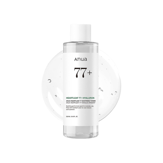 ANUA Heartleaf 77% Soothing Toner is a gentle hydrating toner made to calm, refresh, and balance sensitive or irritated skin. Formulated with 77% Heartleaf Extract, Panthenol, Glycerin, Betaine, Centella Asiatica Extract, Portulaca Oleracea Extract, Chamomile Flower Extract, Sugar Cane Extract, and Apple Fruit Extract, it helps soothe redness, support moisture, and leave skin feeling soft and comfortable. The lightweight watery texture absorbs quickly without heaviness, making it ideal for daily use. Best s