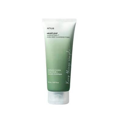 ANUA Heartleaf Quercetinol Pore Deep Cleansing Foam deeply purifies and cleanses the skin with its rich foam, effectively removing impurities and excess oil. Infused with 33.4% Heartleaf Extract and Quercetin, it helps soothe and calm the skin while gently exfoliating with Salicylic Acid. The blend of Hyaluronic Acid and botanical extracts ensures your skin stays hydrated and soft, leaving it refreshed and revitalized. Ideal for those seeking a deep cleanse without stripping the skin's natural moisture.