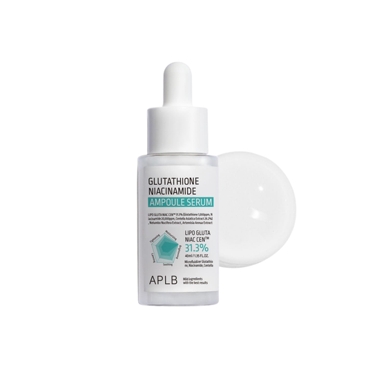 APLB Glutathione Niacinamide Ampoule Serum is a highly effective brightening and hydrating serum, formulated with 2% Niacinamide and Glutathione to visibly reduce dark spots and even out skin tone for a radiant complexion. With 29.2% Centella Asiatica Extract, it soothes and calms the skin, while Hydrolyzed Collagen, Squalane, and Cholesterol work to improve elasticity and reinforce the skin barrier. This serum deeply moisturizes, leaving your skin smooth, plump, and revitalized. Ideal for all skin types, i