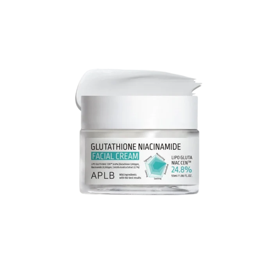 APLB Glutathione Niacinamide Facial Cream is a nourishing and brightening moisturizer that combines 2% Niacinamide and 1,000 ppm of Glutathione to improve skin tone and reduce dark spots. Formulated with 22.7% Centella Asiatica Extract, it soothes and calms irritated skin while deeply hydrating with ingredients like Shea Butter, Macadamia Seed Oil, and Squalane. Enriched with Hydrolyzed Collagen and Cholesterol, this cream helps to strengthen the skin barrier and enhance elasticity, leaving the skin smooth,