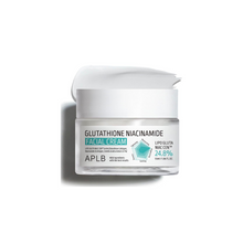 Load image into Gallery viewer, APLB Glutathione Niacinamide Facial Cream is a nourishing and brightening moisturizer that combines 2% Niacinamide and 1,000 ppm of Glutathione to improve skin tone and reduce dark spots. Formulated with 22.7% Centella Asiatica Extract, it soothes and calms irritated skin while deeply hydrating with ingredients like Shea Butter, Macadamia Seed Oil, and Squalane. Enriched with Hydrolyzed Collagen and Cholesterol, this cream helps to strengthen the skin barrier and enhance elasticity, leaving the skin smooth,