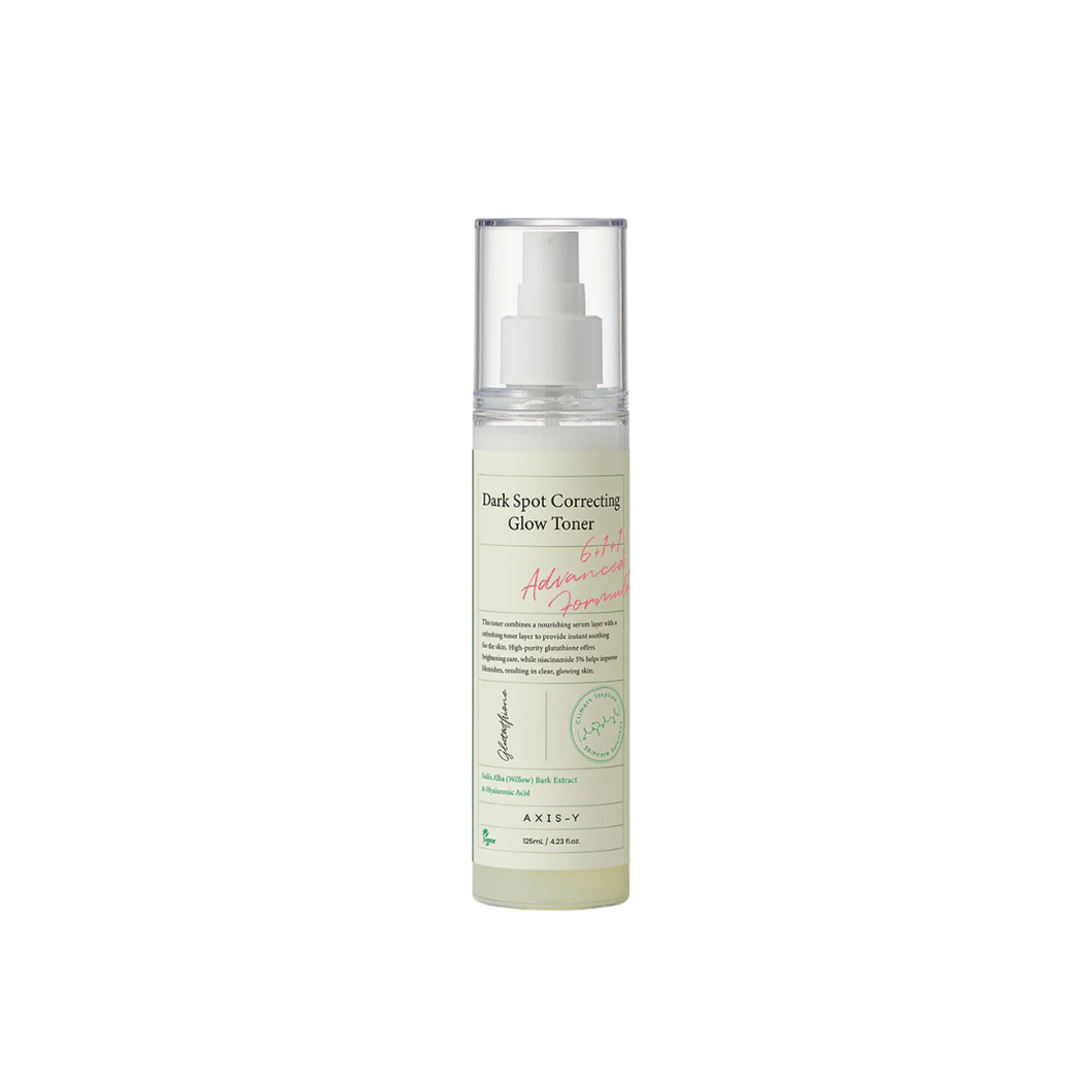 The AXIS-Y Dark Spot Correcting Glow Toner is a brightening and hydrating toner formulated to even out skin tone and enhance your skin's natural radiance. Enriched with Niacinamide and Sodium Ascorbyl Phosphate, this toner targets dark spots and hyperpigmentation, while a blend of Squalane, Centella Asiatica Leaf Extract, and multiple forms of Hyaluronic Acid provide deep hydration and soothing benefits. With added plant extracts like Turmeric Root and Broccoli, this toner also offers antioxidant protection