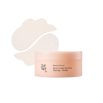 BEAUTY OF JOSEON Revive Under Eye Patch helps hydrate, smooth, and refresh tired-looking under eyes. Formulated with Panax Ginseng Root Water, Hydrolyzed Collagen, Retinal, and Bakuchiol, these patches support firmer-looking skin while Ceramide NP, Beta-Glucan, and Centella Asiatica Extract help soothe and strengthen the delicate eye area. Ideal for reducing dryness, fine lines, and dullness.