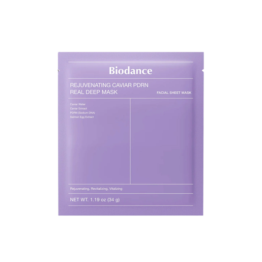 BIODANCE Rejuvenating Caviar PDRN Real Deep Mask is a nourishing sheet mask designed to improve skin elasticity, hydration, and radiance. Infused with Caviar Water, PDRN (Sodium DNA), and Salmon Egg Extract, it helps support skin renewal while enhancing firmness and resilience. Niacinamide brightens the complexion, while Shea Butter, Jojoba Oil, and Moringa Seed Oil provide deep moisture and nourishment. This mask delivers long-lasting hydration, leaving skin smooth, plump, and revitalized without irritatio
