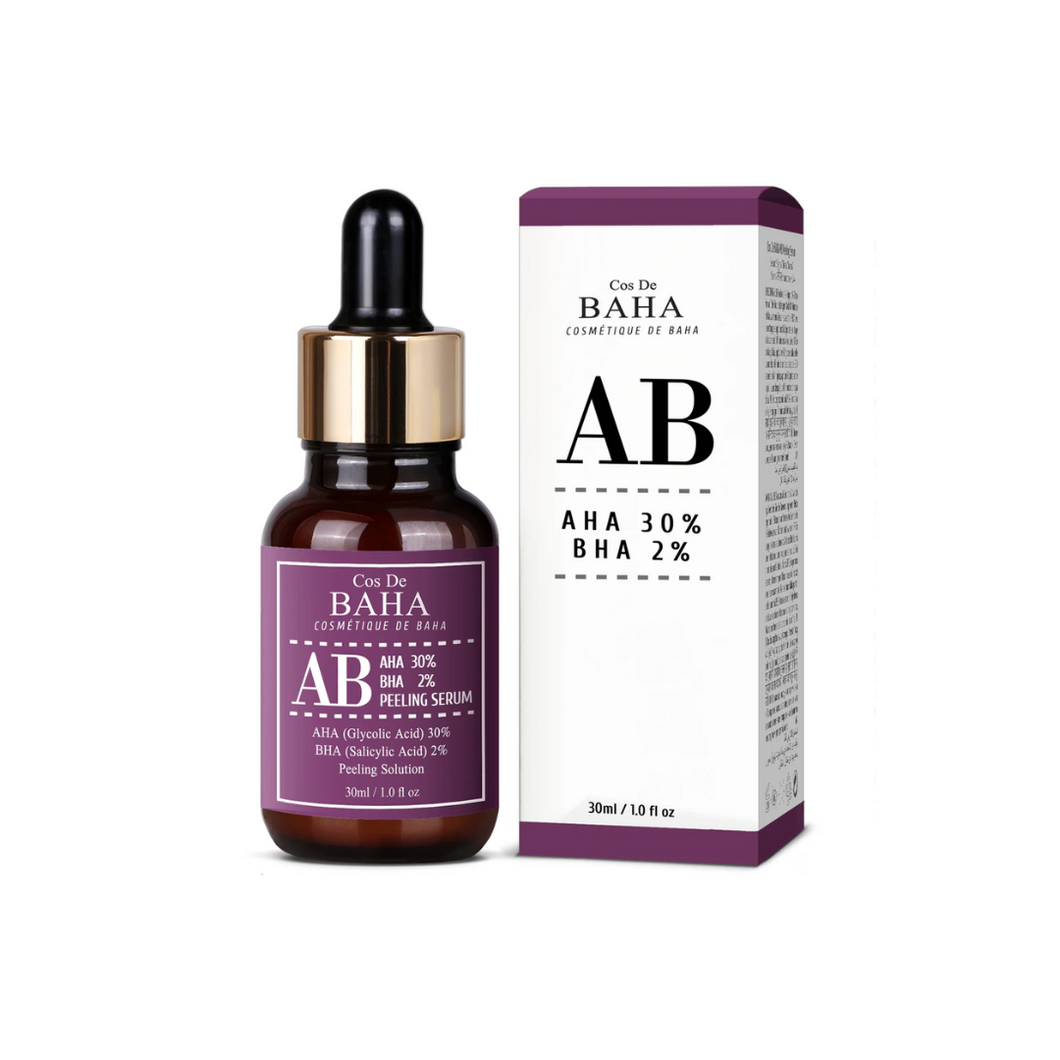 COS DE BAHA (AB) AHA 30% BHA 2% Peeling Serum is a potent exfoliating treatment designed to deeply cleanse pores, remove dead skin cells, and reveal a smoother, brighter complexion. With 30% Glycolic Acid (AHA) and 2% Salicylic Acid (BHA), this serum effectively targets uneven skin texture, blemishes, and fine lines. It also includes Panthenol and Allantoin to soothe and calm the skin, making it an essential addition to your skincare routine for achieving a more radiant and refined look.