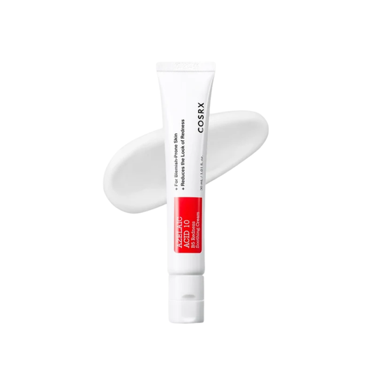 COSRX Azelaic Acid 10 B5 Redness Soothing Cream is a targeted moisturizer designed to calm redness, balance excess oil, and care for blemish-prone skin. Formulated with 10% Azelaic Acid, Niacinamide, and Zinc PCA, it helps improve uneven skin tone, refine the look of pores, and reduce the appearance of post-blemish marks. Panthenol, Madecassoside, Allantoin, and multiple forms of Hyaluronic Acid provide soothing hydration and support the skin barrier. PHA offers gentle exfoliating care to help keep skin fee