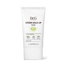 Load image into Gallery viewer, DR.G GREEN Mild Up Sun Cream provides gentle yet effective sun protection with its mineral-based formula featuring Zinc Oxide. Infused with soothing ingredients like Centella Asiatica Extract and Houttuynia Cordata Extract, it helps calm sensitive skin while offering broad-spectrum defense. Its lightweight texture absorbs quickly, leaving the skin moisturized and protected without a greasy residue. Perfect for daily use, this sun cream also contains Tocopherol (Vitamin E) for added antioxidant benefits.