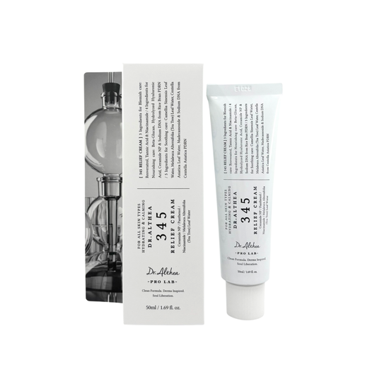 DR. ALTHEA 345 Relief Cream is a lightweight soothing moisturizer designed to calm irritation and support a healthy skin barrier. Formulated with Niacinamide and Panthenol, it helps balance and strengthen the skin, while Centella Asiatica Extract and Madecassoside work to reduce redness and sensitivity. Beta-Glucan and Hyaluronic Acid provide lasting hydration, while Ceramide NP helps protect and restore the moisture barrier. The smooth, non-greasy texture absorbs easily, leaving skin calm, hydrated, and re