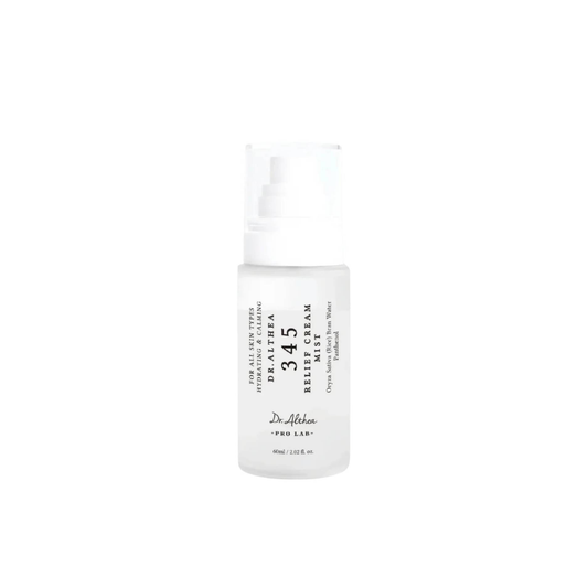 DR. ALTHEA 345 Relief Cream Mist is a two-layer facial mist that combines a lightweight essence with a nourishing cream layer to hydrate, soothe, and refresh the skin. Formulated with Rice Bran Water, Panthenol, Hydrolyzed Hyaluronic Acid, Centella Asiatica, Madecassoside, Aloe Vera, and Ferments, it helps support the skin barrier, replenish moisture, and leave the complexion soft, plump, and naturally dewy. Shake well before use to blend both layers. Suitable for dry, dehydrated, sensitive, normal, and com