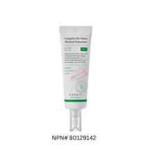 Load image into Gallery viewer, AXIS-Y Complete No-Stress Physical Sunscreen is a gentle, non-irritating sunscreen designed for sensitive skin. Formulated with Zinc Oxide, it provides broad-spectrum SPF protection. This sunscreen contains soothing ingredients like Calendula, Chamomile, and Green Tea Extracts to calm the skin, while Niacinamide brightens the complexion. Hyaluronic Acid and Squalane offer hydration and barrier support, ensuring the skin stays moisturized. Ideal for everyday use, it protects against UV rays while nourishing 