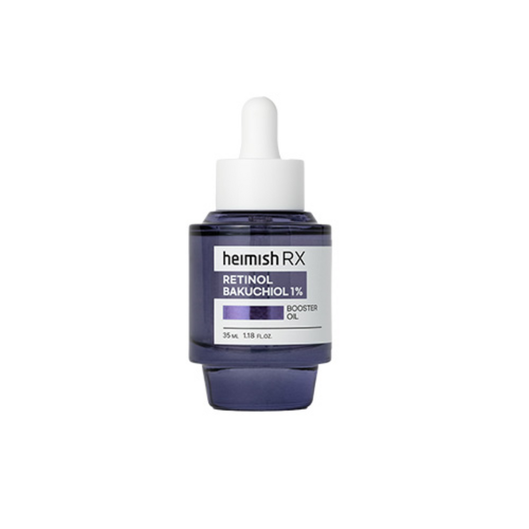 HEIMISH RX Retinol Bakuchiol Booster Oil is a lightweight facial oil designed to target fine lines, improve skin texture, and boost radiance. Powered by  0.9% Bakuchiol and 0.1% Retinol, it promotes smoother, firmer skin while minimizing signs of aging. Niacinamide brightens and evens out skin tone, while Tocopherol (Vitamin E) provides antioxidant protection. Its fast-absorbing formula nourishes without greasiness, leaving your skin soft, hydrated, and visibly revitalized.