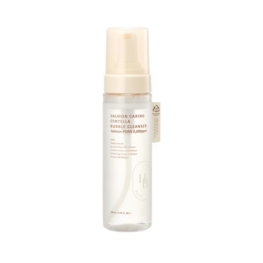 HEVEBLUE Salmon Caring Centella Bubble Cleanser is a gentle foaming cleanser designed to remove impurities while helping keep the skin calm, soft, and hydrated. Formulated with Broccoli Water, Centella Asiatica Leaf Water, Portulaca Oleracea Water, Salmon Egg Extract, Madecassoside, Avocado Extract, and Sodium DNA, it helps soothe stressed skin, support the skin barrier, and leave the complexion feeling fresh without a tight finish. Suitable for sensitive, dry, dehydrated, normal, combination, and easily ir