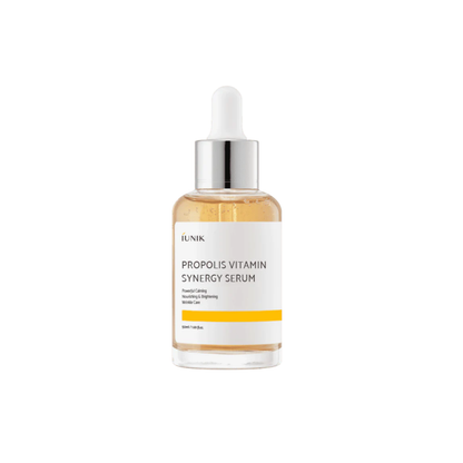 IUNIK Propolis Vitamin Synergy Serum is a nourishing and revitalizing serum designed to brighten, soothe, and deeply hydrate the skin. Formulated with Propolis Extract and Vitamin-rich Sea Buckthorn Extract, it helps improve skin radiance while supporting a healthy moisture barrier. Niacinamide works to even out skin tone and refine the look of pores, while Centella Asiatica and botanical extracts calm and comfort sensitive or stressed skin. Lightweight yet hydrating, this serum absorbs easily, leaving skin