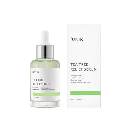 IUNIK Tea Tree Relief Serum is a calming and balancing serum designed to soothe irritated and acne-prone skin. Formulated with Tea Tree Leaf Water and Centella Asiatica Leaf Water, it helps reduce redness and support clearer-looking skin. Niacinamide brightens and improves overall tone, while Beta-Glucan and Hyaluronic Acid provide lightweight hydration without clogging pores. Enriched with botanical extracts and soothing ingredients like Allantoin and Licorice Root, this serum absorbs quickly to leave skin