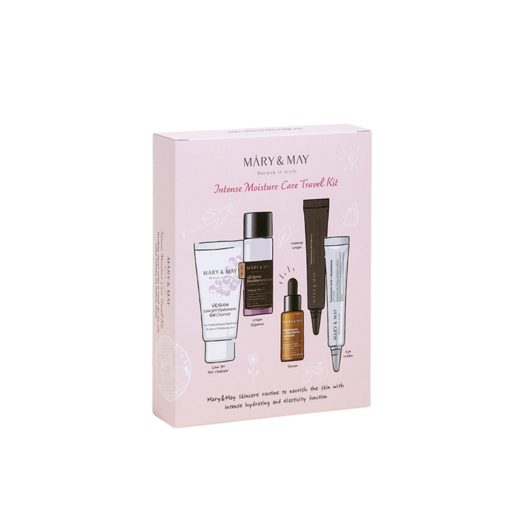 MARY & MAY Intense Moisture Care Travel Kit is a convenient set of five bestsellers designed to keep your skin hydrated and radiant while on the go. It includes essential products for cleansing, nourishing, and moisturizing your skin.