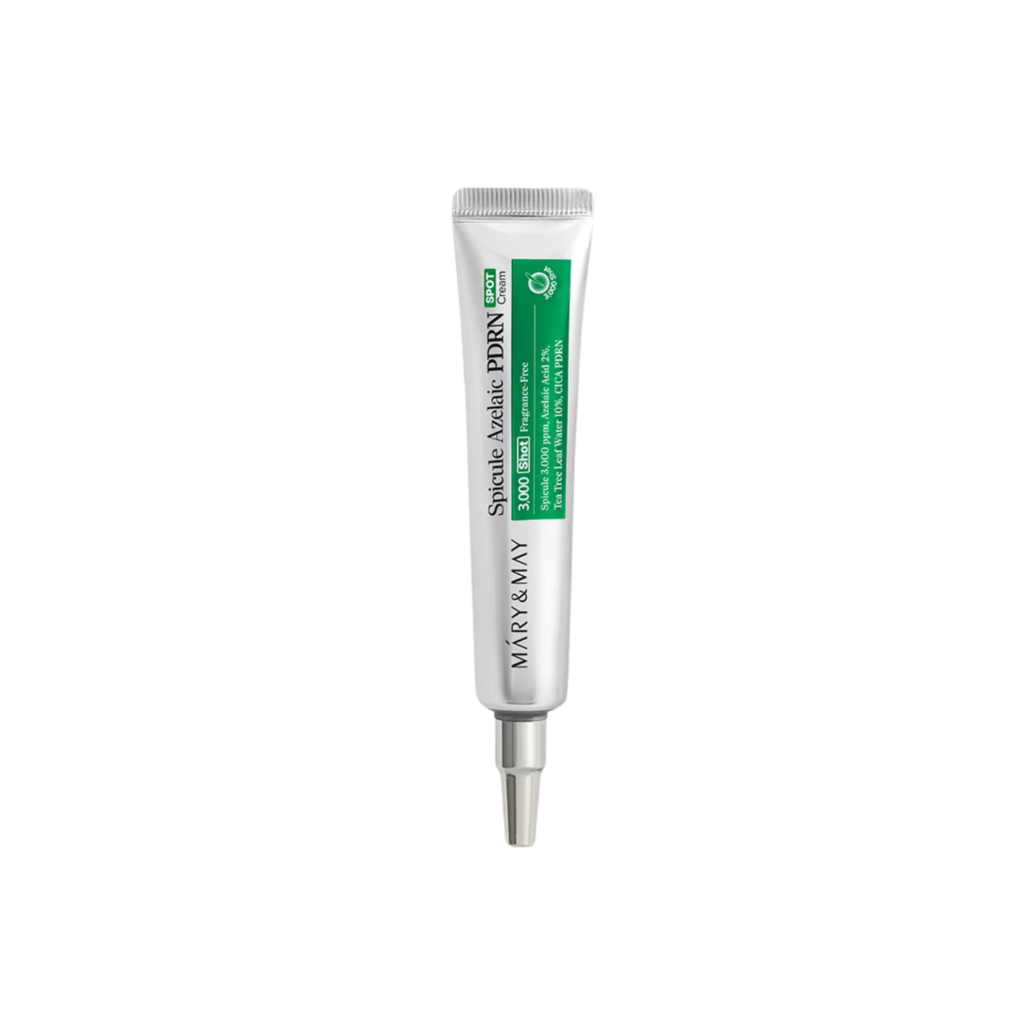 MARY & MAY Spicule Azelaic PDRN Spot Cream is a targeted Korean treatment cream for acne-prone, blemished, uneven, and textured skin. Formulated with 3,000 ppm Spicule, 2% Azelaic Acid, 10% Tea Tree Leaf Water, and CICA PDRN, it helps treat acne, reduce the look of blemishes and redness, refine pores, and improve uneven skin tone. Niacinamide, Salicylic Acid, Zinc PCA, Panthenol, Ceramide NP, and Hyaluronic Acid provide additional clarifying, soothing, and hydrating care. Suitable for oily, combination,