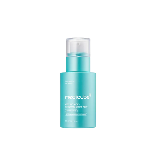 MEDICUBE Azelaic Acid Exosome Shot 7500 is a targeted serum designed to help improve blemish-prone skin, uneven tone, and rough texture while supporting a calmer, clearer-looking complexion. Formulated with 99% purity Azelaic Acid, 5% Niacinamide, Exosomes, Centella Asiatica, Panthenol, and multiple forms of Hyaluronic Acid, it helps refine post-blemish texture, balance excess oil, soothe visible redness, and keep the skin hydrated and comfortable. Suitable for oily, combination, blemish-prone, textured, un