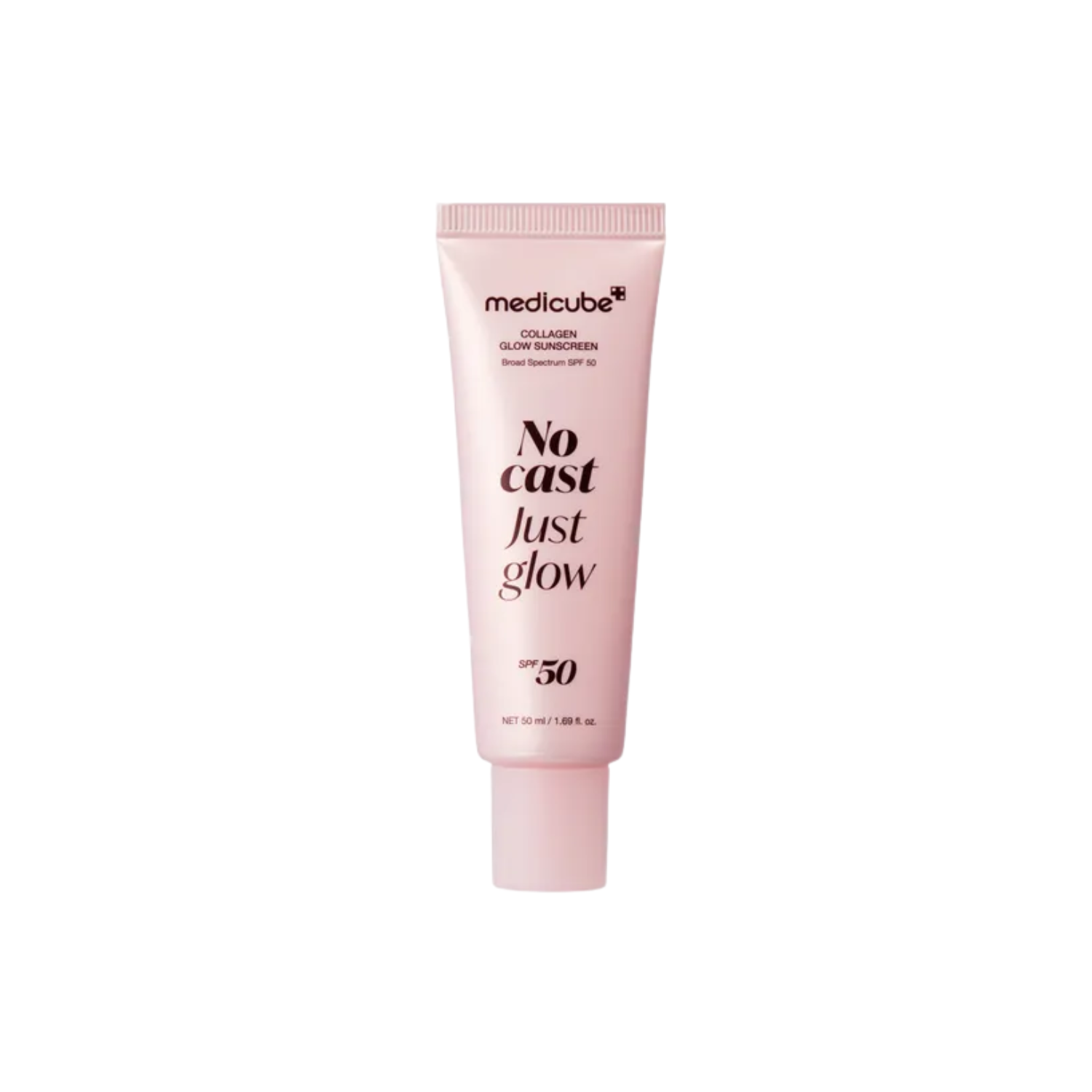 Pink tube of Medicube Collagen Glow Sunscreen SPF 50, labeled "No cast Just glow," 50ml.