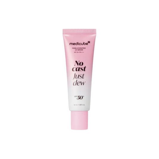 Pink-to-white tube of Medicube PDRN Hydrating UV Serum, "No cast Just dew" SPF 50+, 50ml.
