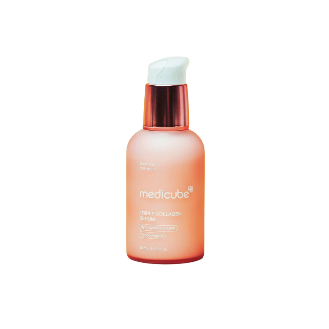 MEDICUBE Triple Collagen Serum is a nourishing formula infused with three types of Collagen: Hydrolyzed Collagen, Atelocollagen, and Soluble Collagen. These powerful ingredients work together to deeply hydrate, improve elasticity, and restore firmness. Enhanced with Niacinamide and Hyaluronic Acid, this serum brightens the complexion while providing intense moisture for radiant, healthy-looking skin. Perfect for those seeking to boost hydration and support skin's natural resilience.