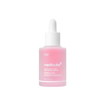 MEDICUBE Ultra Light PDRN Pink Peptide Serum is a lightweight, watery serum designed to hydrate, soothe, and support a stronger-looking skin barrier. Formulated with PDRN (Sodium DNA), Niacinamide, Peptides, Ceramide NP, and multiple forms of Hyaluronic Acid, it helps improve the look of uneven tone, redness, and dehydration while leaving skin fresh and glowing without a sticky feel. Suitable for oily, combination, dehydrated, and redness-prone skin, especially for lightweight daily or summer skincare.