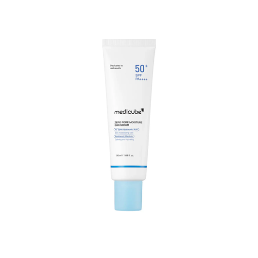 Medicube Zero Pore Moisture Sun Serum SPF50+ PA++++ tube, 50ml, white bottle with light blue cap.