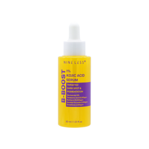 NINELESS B-Boost 1% Kojic Acid Serum is a powerful brightening serum designed to target hyperpigmentation and uneven skin tone. Formulated with 1% Kojic Acid, it effectively lightens dark spots and melasma while inhibiting melanin production. Enhanced with Niacinamide and Tranexamic Acid, this serum not only brightens the skin but also improves its overall texture and appearance. Antioxidants like Vitamin C and Glutathione protect the skin from oxidative stress, and peptides promote collagen synthesis for a