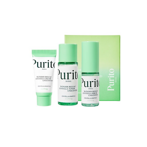 The PURITO SEOUL Wonder Releaf Centella Mini Kit Unscented is a gentle skincare trio designed to calm and nourish sensitive skin. This set includes the Wonder Releaf Centella Toner, Serum, and Cream, all unscented and packed with Centella Asiatica to soothe irritation and strengthen the skin barrier. Ideal for on-the-go care, each product provides lightweight hydration and support for a balanced, healthy complexion without any added fragrance. Perfect for sensitive and redness-prone skin. 