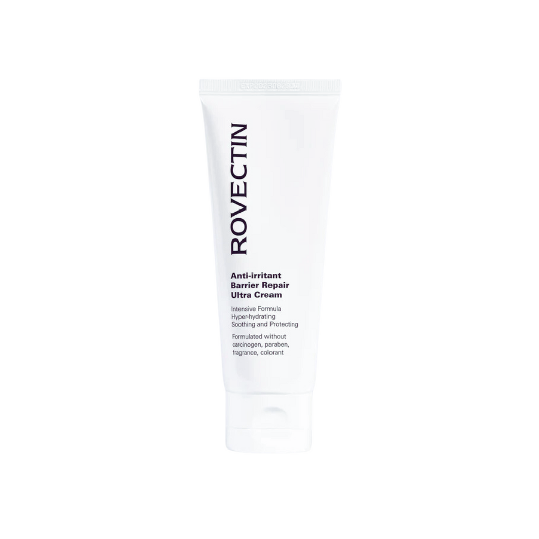 ROVECTIN Anti-Irritant Barrier Repair Ultra Cream is a deeply nourishing moisturizer designed to restore and protect sensitive or damaged skin. Formulated with Ceramide, Shea Butter, and Sunflower Seed Oil, it strengthens the skin barrier and locks in moisture for long-lasting hydration. Enriched with Niacinamide to brighten and natural extracts like Turmeric Root and Moringa Oil, it soothes irritation and supports overall skin health. Perfect for dry and sensitive skin, this ultra-rich cream leaves your sk