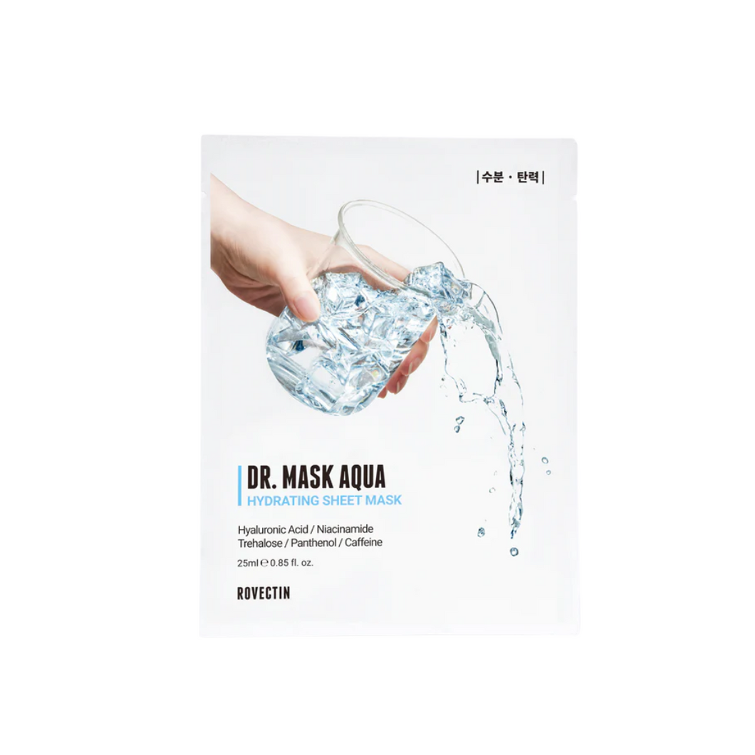 ROVECTIN Dr. Mask Aqua is a deeply hydrating facial mask designed to replenish and soothe the skin. It features a blend of Hyaluronic Acid forms to provide intense moisture and plumping effects. Niacinamide brightens and evens out skin tone, while Caffeine energizes and tightens. Papaya Fruit Extract gently exfoliates, promoting a smooth and refreshed complexion. Additional ingredients like Panthenol and Allantoin soothe and repair skin, making this mask perfect for a quick, revitalizing skincare boost. Ide