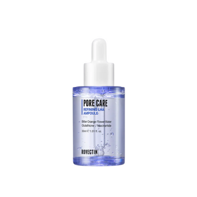 ROVECTIN Pore Care Refining LHA Ampoule is designed to refine pores and improve skin texture. Formulated with Bitter Orange Flower Water and Niacinamide, it brightens and balances sebum levels. It features multiple forms of Hyaluronic Acid for deep hydration and plumping effects, while Capryloyl Salicylic Acid exfoliates gently to reduce pore visibility. Soothing ingredients like Aloe and Panthenol calm the skin, making this ampoule ideal for achieving a smoother, clearer complexion.