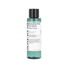 Load image into Gallery viewer, SOME BY MI AHA-BHA-PHA 30Days Miracle Toner is a multi-tasking toner formulated to exfoliate, brighten, and soothe the skin. Enriched with 10,000 ppm Tea Tree Leaf Water and 2% Niacinamide, it helps control excess oil, reduce the appearance of pores, and improve uneven skin tone. AHA, BHA, and PHA gently exfoliate dead skin cells, promoting a smoother, clearer complexion, while soothing ingredients like Allantoin and Sodium Hyaluronate hydrate and calm the skin. Ideal for oily, combination, and acne-prone s