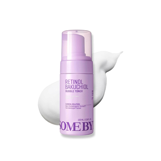 SOME BY MI Retinol Bakuchiol Bubble Toner is a functional first-step toner designed to smooth texture and refine pores with gentle microbubbles. Formulated with Retinol, Retinal, and Bakuchiol, it helps improve the appearance of fine lines and uneven skin while supporting firmer-looking skin. Niacinamide brightens dull tone, while Beta-Glucan, Hyaluronic Acid, and soothing botanical extracts help maintain hydration and comfort. The lightweight bubble texture absorbs easily, leaving skin refreshed, balanced,