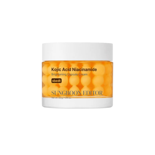 SUNGBOON EDITOR Kojic Acid Niacinamide Brightening Capsule Cream is a moisturizing brightening cream designed to improve the look of uneven tone, dullness, and texture. Formulated with Kojic Acid, Niacinamide, and Turmeric, it helps promote a clearer, more radiant complexion. Glutathione, Vitamin C, Panthenol, Polyglutamic Acid, and Hyaluronic Acid provide additional brightening, soothing, and hydrating care while helping skin stay soft and plump. Suitable for dull, uneven, normal, combination, and dry skin