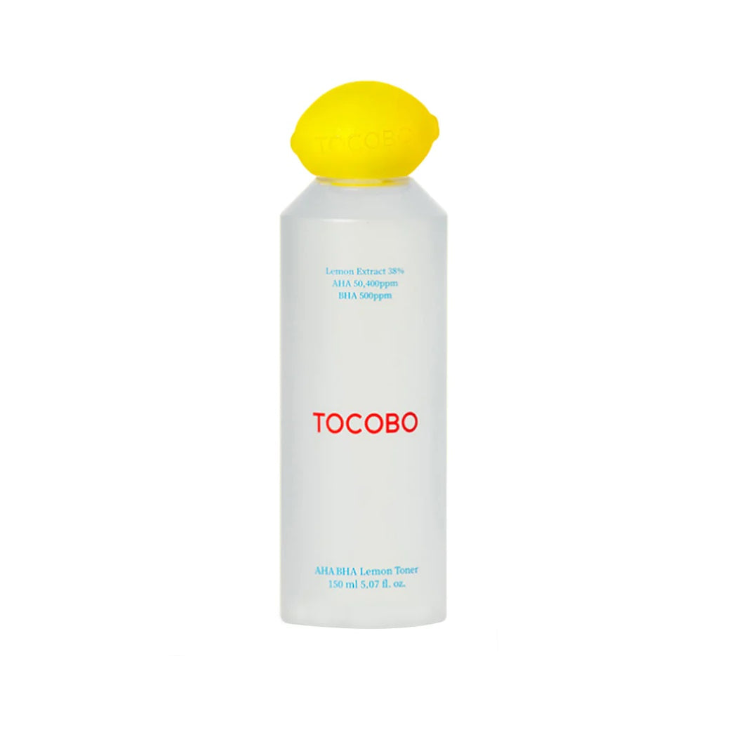 TOCOBO AHA BHA Lemon Toner is a refreshing exfoliating toner designed to brighten and smooth the skin. Enriched with Citrus Lemon Fruit Extract and a blend of AHA (Glycolic Acid) and BHA (Salicylic Acid), it gently removes dead skin cells, unclogs pores, and refines the skin's texture. Infused with soothing ingredients like Panthenol, Beta-Glucan, and Allantoin, it helps to calm and hydrate, leaving the skin clear and glowing. Perfect for oily and combination skin types, this toner delivers a balanced, revi