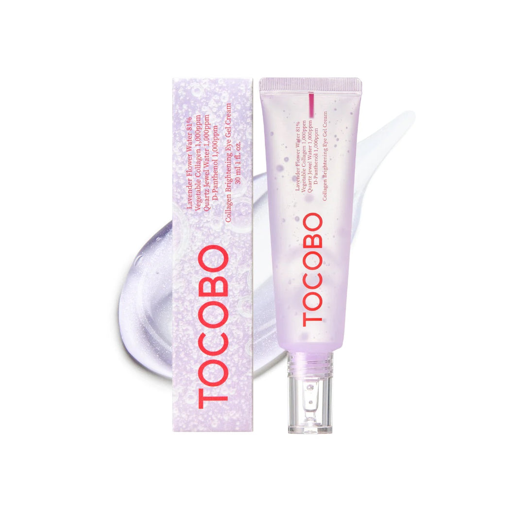 TOCOBO Collagen Brightening Eye Gel Cream is a lightweight, refreshing eye cream designed to hydrate and brighten the delicate skin around the eyes. Infused with 45ppm of Collagen, Niacinamide, and Hyaluronic Acid, it helps reduce the appearance of fine lines and dark circles while improving skin elasticity. Lavender Flower Water and natural extracts like Eggplant and Turmeric work to soothe and nourish, leaving the eye area smooth, radiant, and revitalized. Ideal for all skin types, this gel cream absorbs 