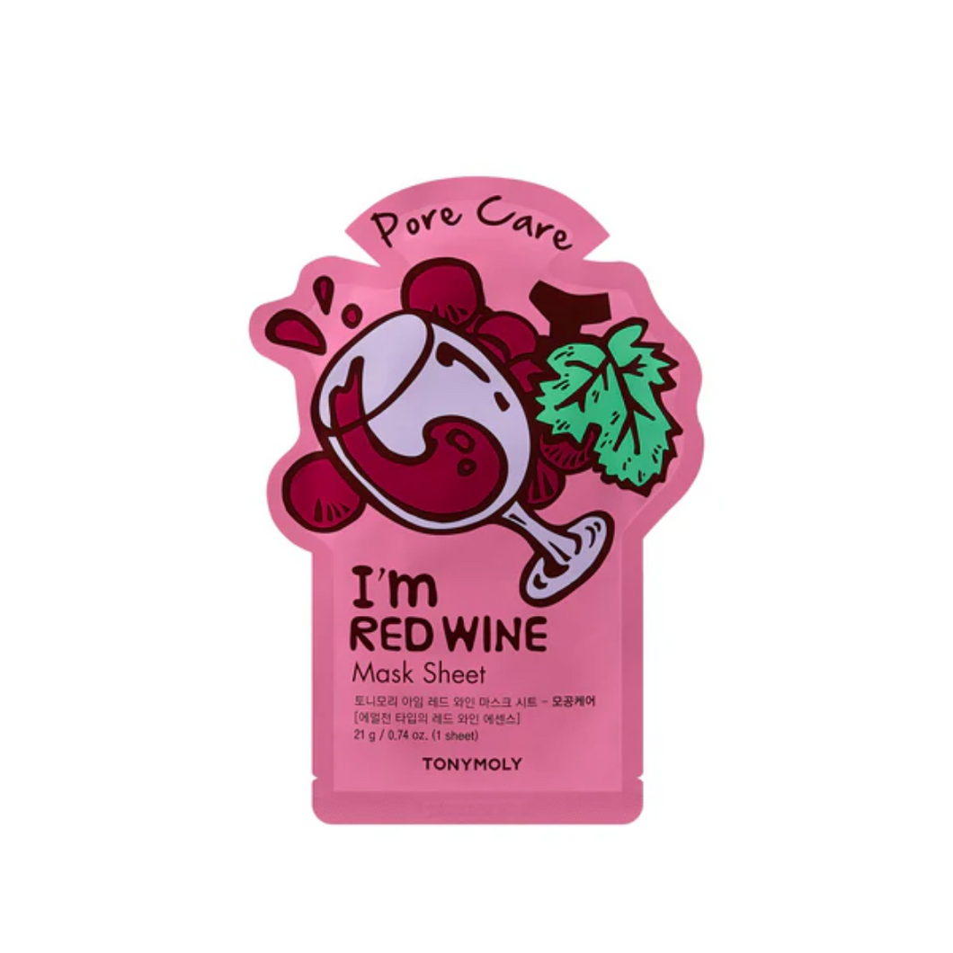 TONYMOLY I'm Red Wine Mask Sheet is a refreshing sheet mask infused with wine extract, known for its pore-tightening and antioxidant properties. It also contains a blend of botanical extracts, including Camellia Japonica Flower and Camellia Sinensis Leaf, to soothe and nourish the skin. This mask helps to refine pores, hydrate, and leave your skin looking smooth and revitalized. Perfect for a pampering skincare routine.