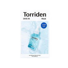 Load image into Gallery viewer, TORRIDEN DIVE-IN Low Molecule Hyaluronic Acid Mask delivers intense hydration and soothing care with its advanced formula containing multiple forms of low molecular Hyaluronic Acid. This sheet mask deeply moisturizes and plumps the skin, leaving it soft and refreshed. Infused with Panthenol, Allantoin, and botanical extracts like Chamomile and Calendula, it calms and revitalizes the skin. Ideal for all skin types, this mask provides a boost of hydration and a smooth, glowing complexion. Perfect for those se