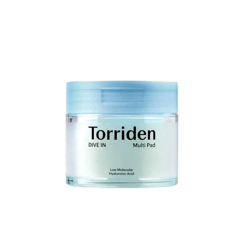 TORRIDEN DIVE-IN Low Molecule Hyaluronic Acid Multi Pad is a versatile, hydrating pad designed to deliver deep moisture and soothe the skin. Infused with multiple forms of low molecular Hyaluronic Acid, it provides long-lasting hydration, leaving the skin plump and refreshed. Enriched with Panthenol, Aloe, and Witch Hazel Water, it helps to calm irritation and balance the skin. Perfect for all skin types, this multi-functional pad can be used for daily toning, gentle exfoliation, or as a quick moisture boos